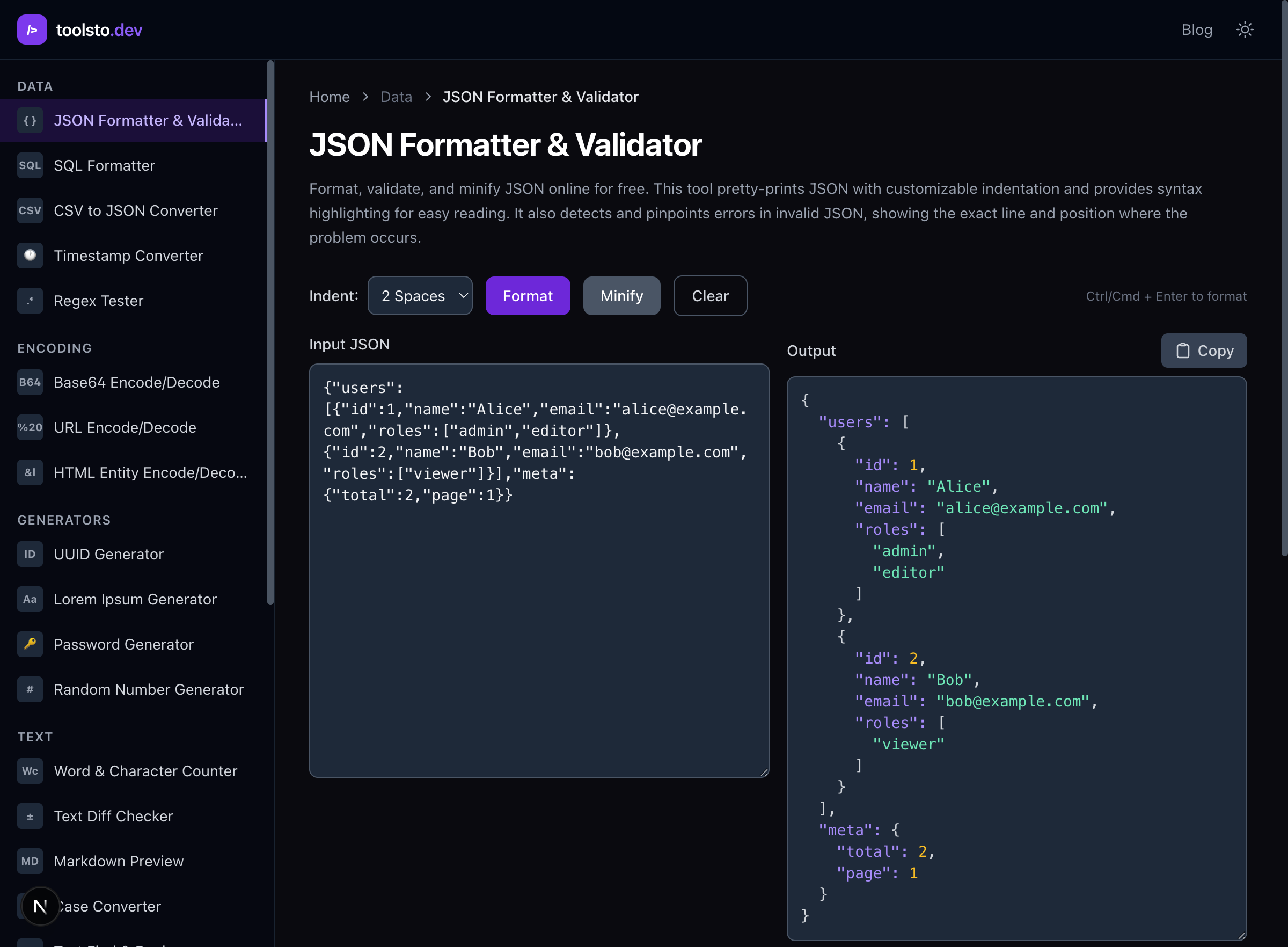 The toolsto.dev JSON Formatter in action — paste minified JSON on the left, get pretty-printed output with syntax highlighting on the right.