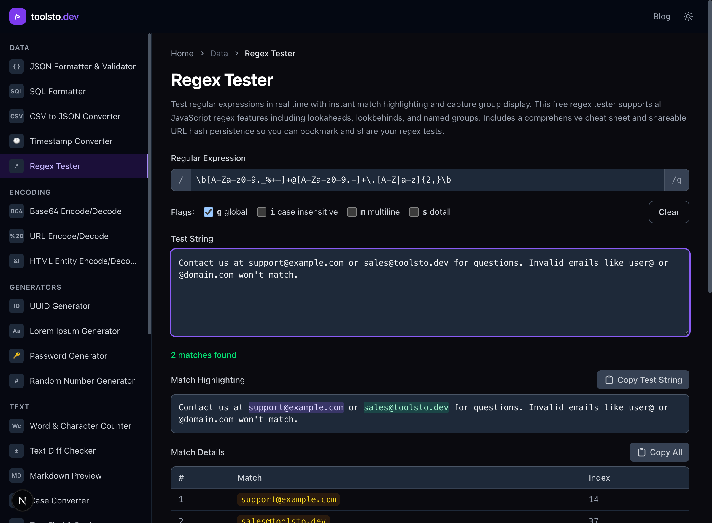 Testing an email regex pattern in the toolsto.dev Regex Tester — matches highlighted in real time with match details below.